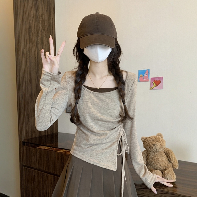 不规则假两件打底衫女早秋仿皮草内搭短款毛衣浅色miu小个子上衣|undefined