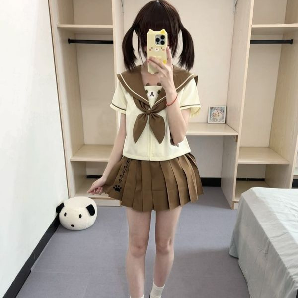 Qingqing Original Huhu JK Uniform Cute Sailor Suit Soft Girl Sweetheart Brown Two-Piece Set Pink