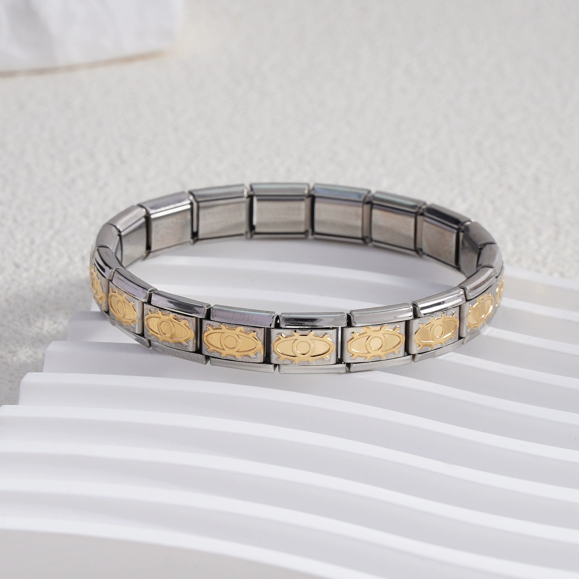 stainless steel bracelet, removable elastic link watch strap, italian european style, assorted charms