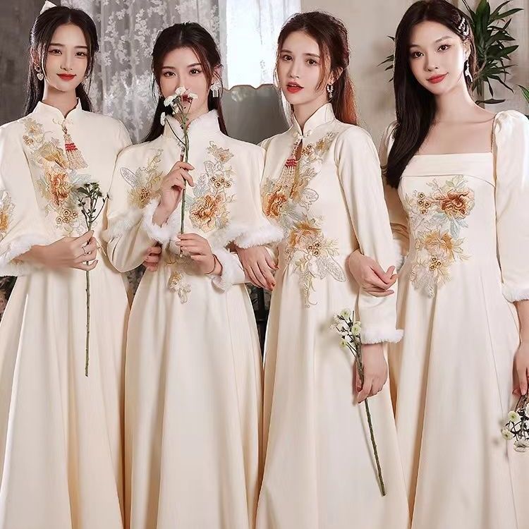 中式伴娘服2024新款冬季高级婚礼长袖姐妹团礼服裙女中国风长立领