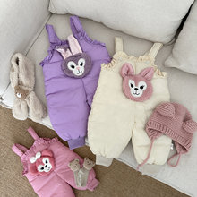 超萌可爱宝宝夹棉背带裤洋气小女孩卡通动物加厚棉裤婴儿保暖裤子