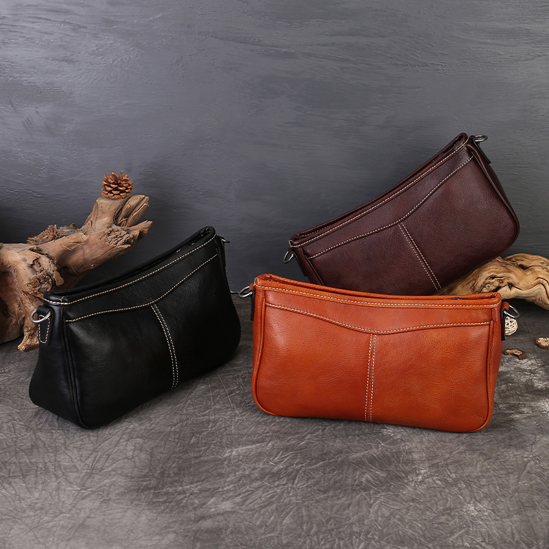 Amazon Bestseller Cross-Border Underarm Bag Retro Top Grain Cowhide Small Square Bag Versatile Luxury Single Shoulder Baguette Bag For Women - Thumbnail 2