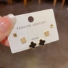 89# gold-diamond four-leaf flower three-piece set of earrings (thick real gold plating)