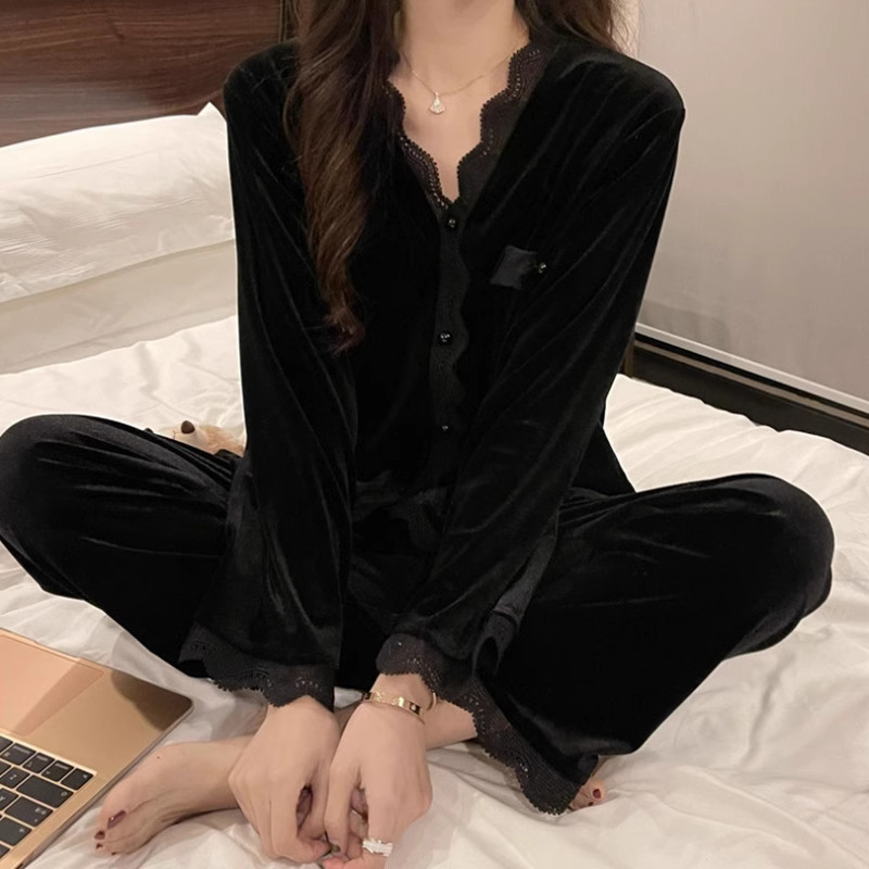 Sexy Korean princess style pajamas women's gold velvet winter warm thickened fleece-lined girl's home wear online live broadcast