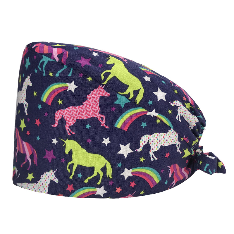Gorro de Médico de Algodón Puro Estampado para Comercio Exterior, con Correa Ajustable con Botones, Absorbente de Sudor, Gorro de Dibujos Animados para Estudio, Gorro de Enfermera de UCI