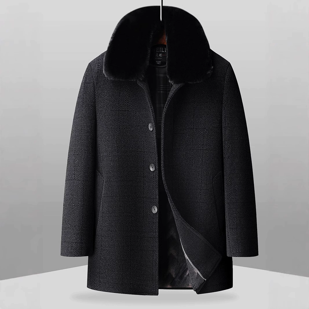 Модная мода мужское пальто среднего возраста черное шерстяное пальто плюс шерстяная шерстяная зимняя хлопчатобумажная одежда