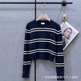 南油2026秋冬新款藏青白条纹绞花针织上衣圆领长袖修身短袖毛衣