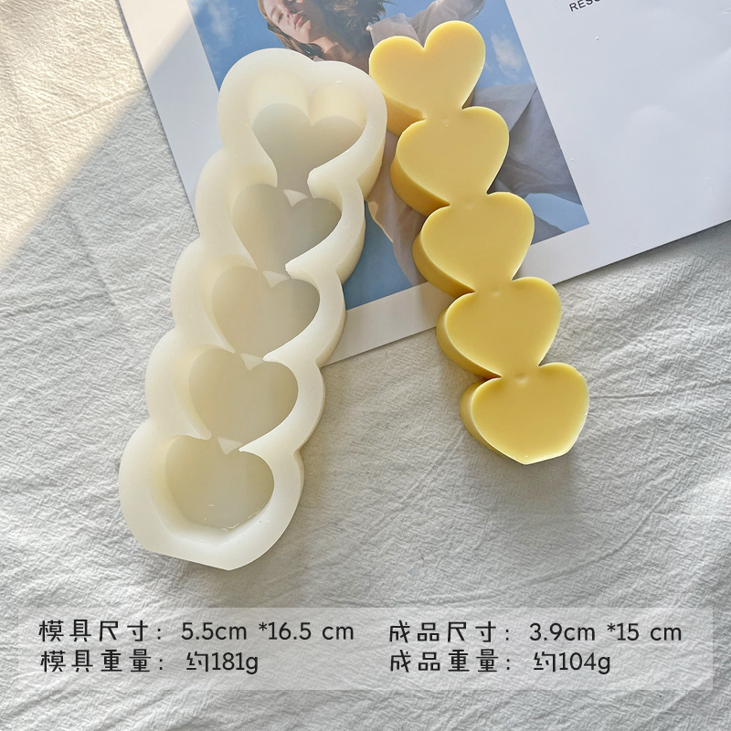Jiahuimei tridimensional amor aromaterapia vela molde de silicona 5 piezas en forma de corazón epoxi jabón hecho a mano herramienta abrasiva de chocolate