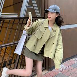 韩系外穿绿色短款风衣外套女春秋季个性双排扣休闲夹克百搭上衣潮