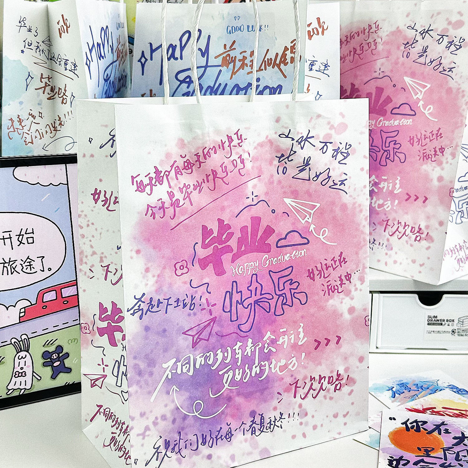 퍼플 해피 졸업 [졸업 시즌], 화이트 소가죽, 대형 사이즈 21*11*27cm (특정 사이즈는 사진과 같습니다)