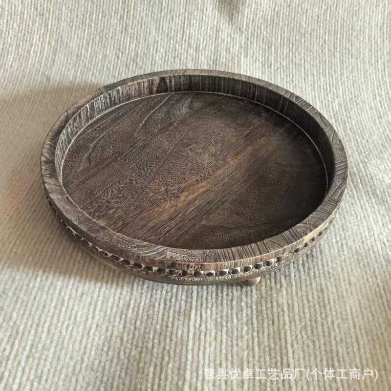 现货木珠托盘法式乡村家用茶盘咖啡厅餐盘桐木做旧圆形串珠收纳盘|undefined