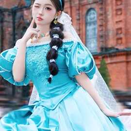 迪士尼在逃公主蓝色礼服裙复古一字肩宫廷风泡泡袖演出服cosplay