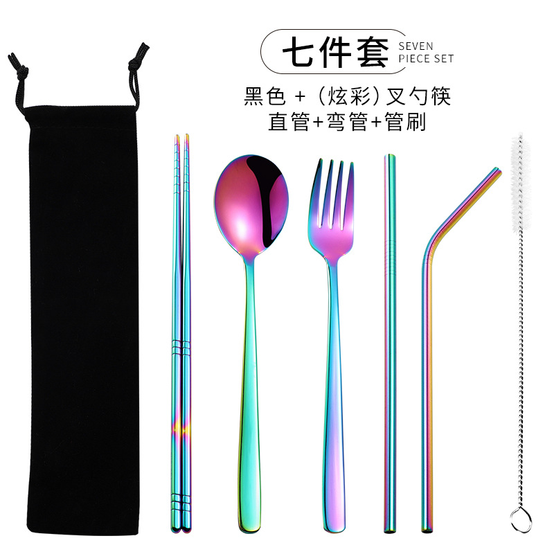 Venta caliente transfronteriza 304 paja de acero inoxidable vajilla portátil creativo chapado en oro palillos coreanos cuchara tenedor paja 7 piezas traje