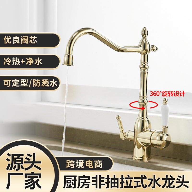 All copper golden spray paint kitchen sink vegetable basin faucet multi-function hot and cold mixing rotating water purification faucet