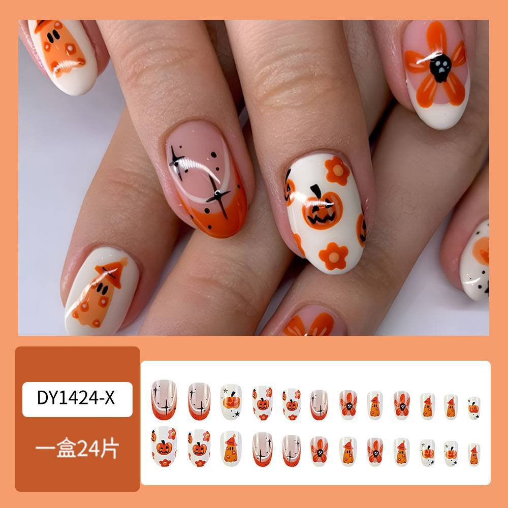 Europa y América venta caliente naranja borde de moda manicuras falsas flores de la noche estrellada manicuría manicuras calabazas Halloween usar uñas image 7