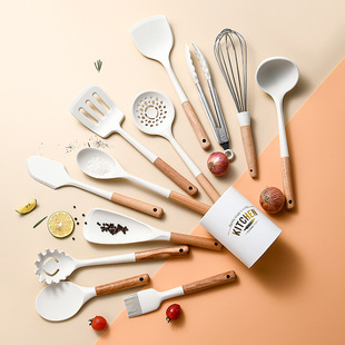 New Milk White Wooden Handle Silicone Kitchenware Set 12 Piece Set Non-stick Cooking Spade Spoon Silicone Kitchenware Set