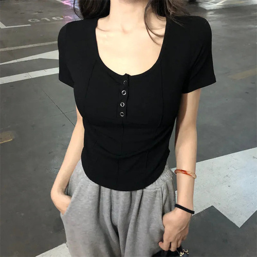 Cross-border sweet and spicy button-down short-sleeve t-shirt for women, summer new style slimming women's U-neck short top, dropshipping one piece