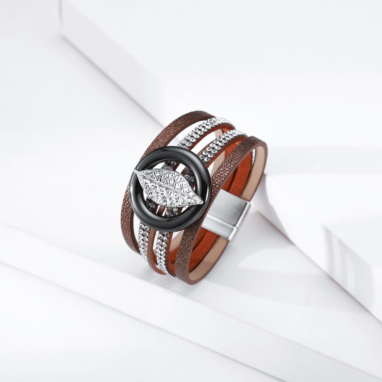 Bohemian Multilayer Hot Rhinestone Leaf Leather Bracelet