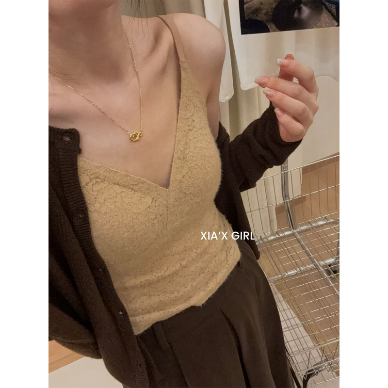 秋季新款羽毛蕾丝法式吊带背心女固定一体杯无痕保暖打底背心|undefined