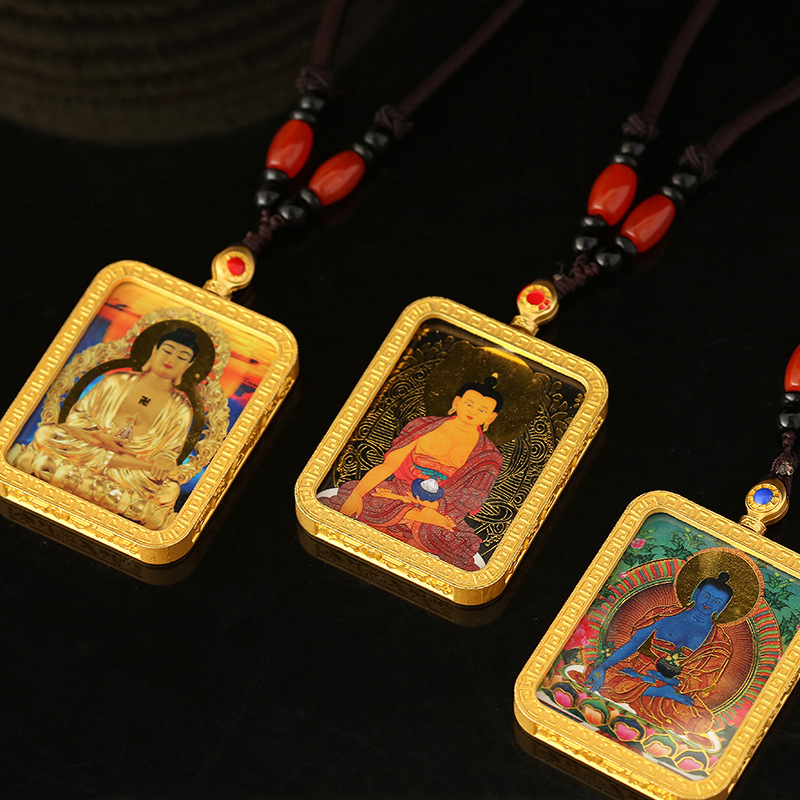 2pcs Buddhist necklace amulet Thangka small Tibetan thangkas green tara figure mammon pendant for unisex Buddha card gold-plated pendant necklace