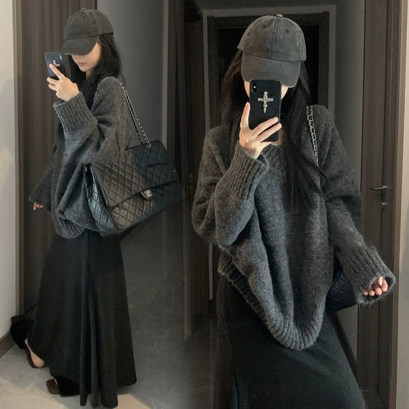 Демисезонный модный комплект, свитер, юбка, (Физические данные), корейский стиль, свободный крой, V-образный вырез, увеличенная толщина