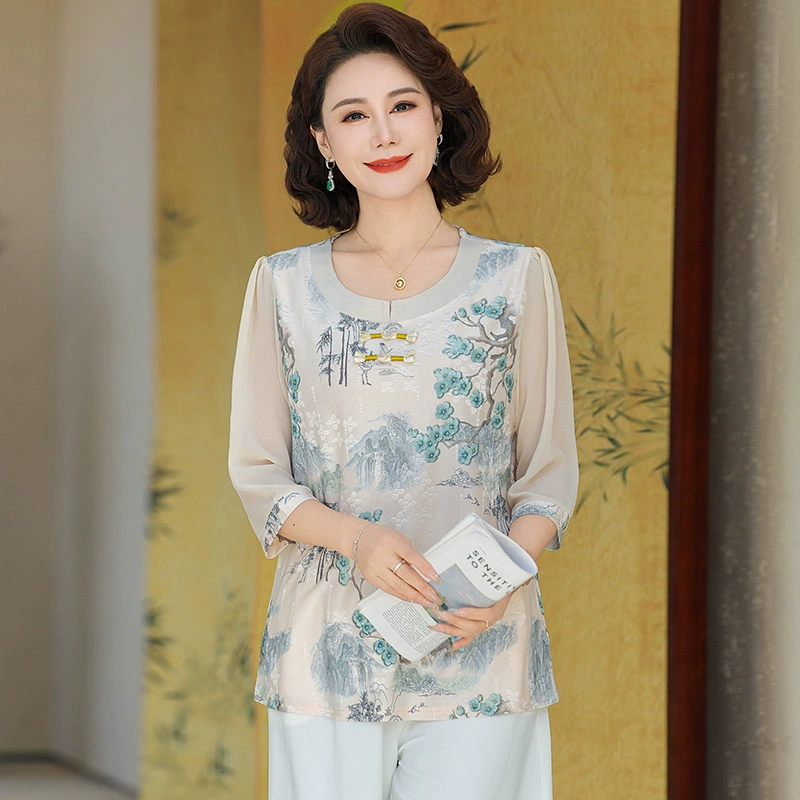 Женская одежда 2025, рубашка весна-осень, новый стиль, свободные топы для женщин среднего и пожилого возраста, модные рубашки с принтом для пожилых