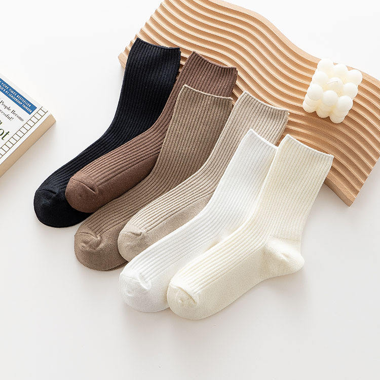 Autumn and Winter New Style Double-Needle Durable and Wear-Resistant Slouch Socks for Women, Mid-Length Socks, Solid Color Cotton Socks, Vertical Stripes, Versatile White Socks