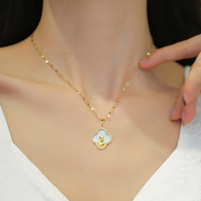 Fashion Rabbit Stainless Steel Copper Inlay Artificial Gemstones Pendant Necklace 1 Piece