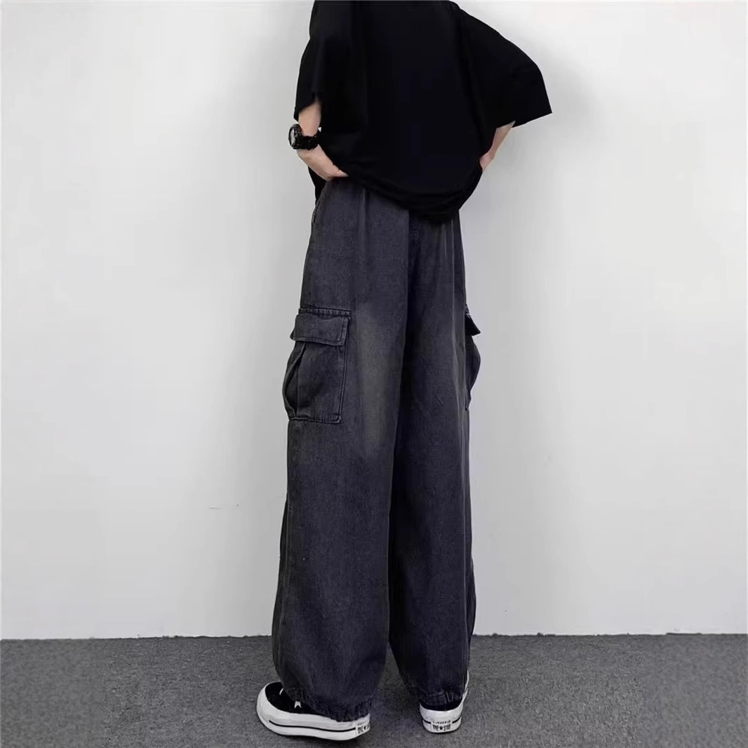 Lazy Vintage Tooling Wide-leg Jeans Men's Hong Kong Style Loose Oversize Big Pocket Retro Street Trousers_mkmklike.com