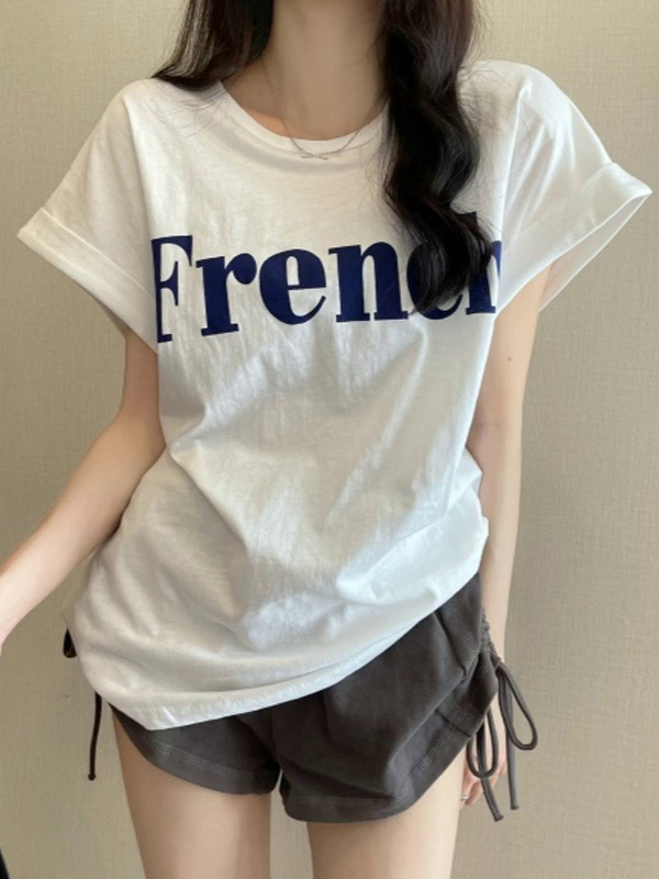 ins純粋な欲望プリントオフショルダー半袖Tシャツレディース夏韓国版新しいルーズラウンドネック半袖ボトムレディースTシャツトレンディ