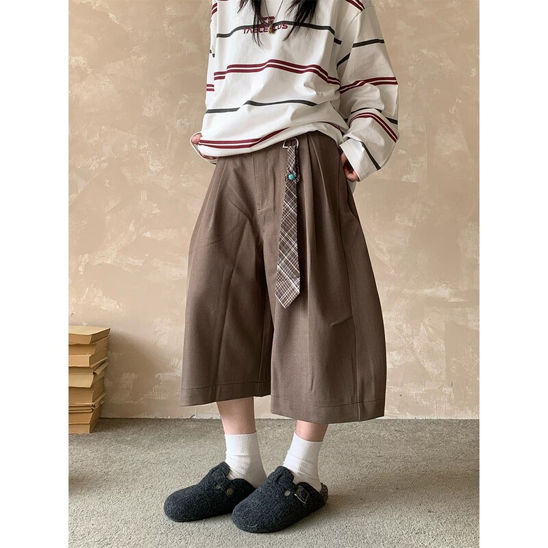 American retro pleated casual cropped trousers for men and women, new summer style, loose, slimming, drapey, versatile wide-leg pants