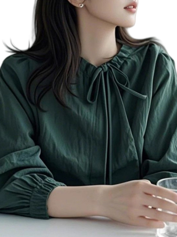 绿色蝴蝶结系带衬衫女高级感轻奢减龄洋气复古港风多巴胺穿搭上衣|undefined