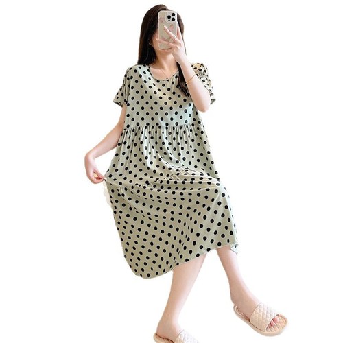 Cotton-Silk Sleep Dress for Women, Summer Short Sleeve Loose Plus Size Cotton Pajamas, Spring and Autumn High-End Printed Air Conditioning Clothes Homecoming Dress