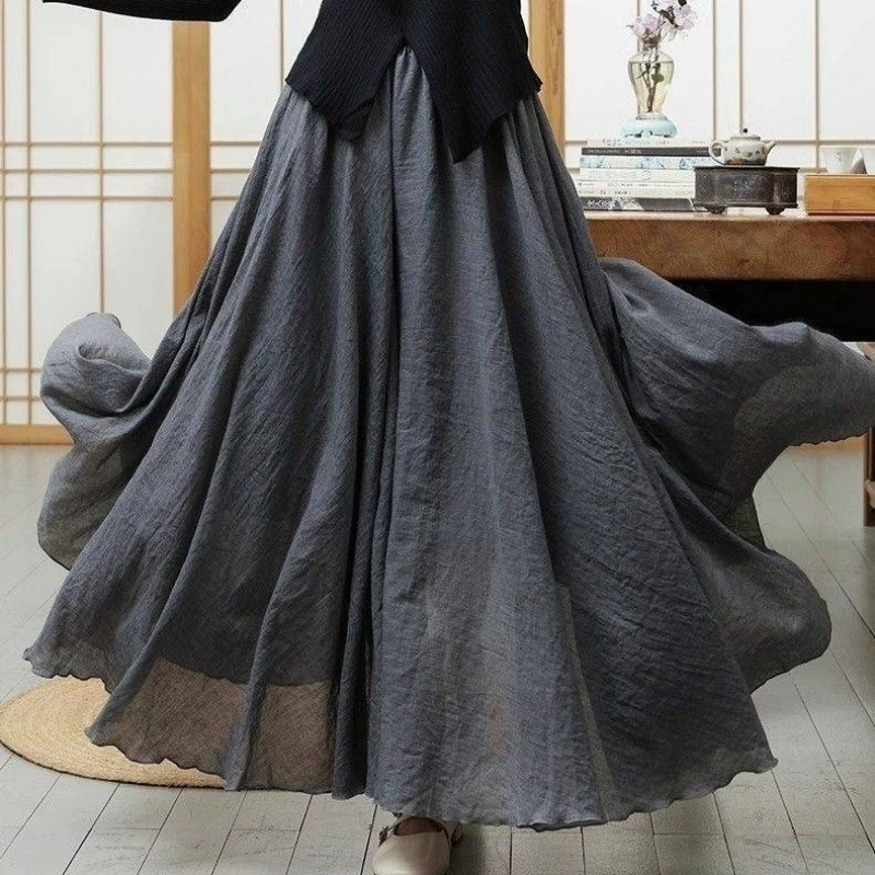 Популярная летняя юбка 2025 года из хлопка и льна в стиле дзен, женская длинная юбка с широким подолом и высокой талией, утягивающая льняная юбка