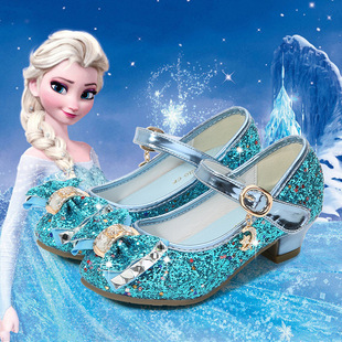 2025 Spring and Autumn New Girls High Heel Leather Shoes Sequin Crystal Shoes Little Girls Bow Children's Dance Shoes