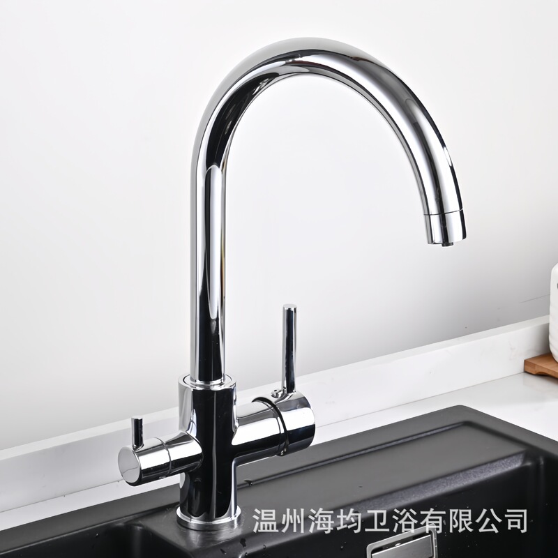 Cross-Border Source Factory Kitchen Three-In-One Faucet, All-Copper, Rotatable, Dual-Control Hot and Cold Water Purification Direct Drinking Faucet