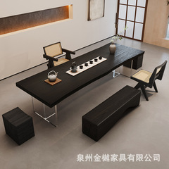 わびさびスタイルの炭化黒無垢材ティーテーブルと椅子の組み合わせシンプルなオフィスホームアクリルティーテーブルオール無垢材