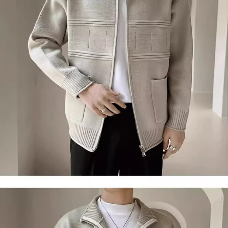 2024 Winter Cardigan Curled Sweater Men's Jacket Simple All-match Trendy Brand Set Collar Loose Sweater Men's Top