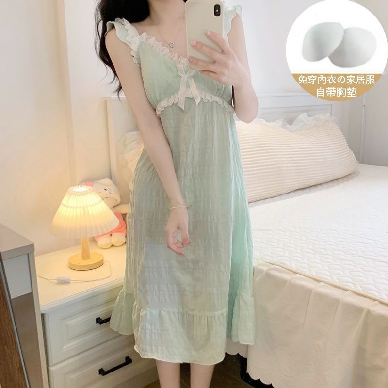 Camisón con almohadilla para el pecho falda de tirantes para mujer de verano nube algodón fino encaje dulce pijama de longitud media color sólido transfronterizo
