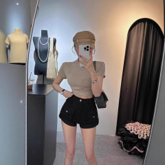 工装牛仔裤女夏季辣妹多巴胺短裤小个子修身显瘦高腰直筒热裤5825