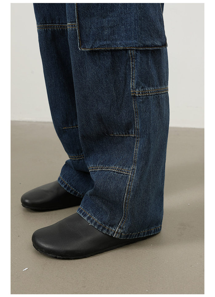 Quần jeans nam ống rộng thẳng phong cách đường phố, nhiều túi, lưng giữa eo — màu xanh đậm chi tiết 13