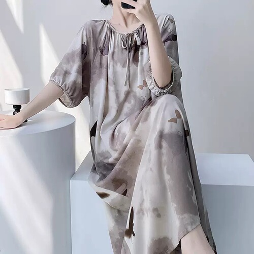 2025 Cotton Satin Nightgown Women's French Long Dress Casual Round Neck Wearable Homecoming Breathable Comfortable Chinese Style Lazy Wind