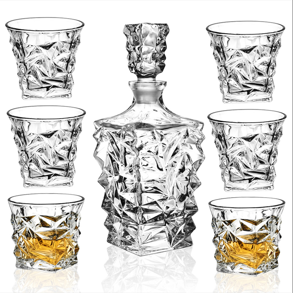 波西米亚冰川平底杯套装 水晶玻璃储存酒壶白酒具杨酒樽套装7件套