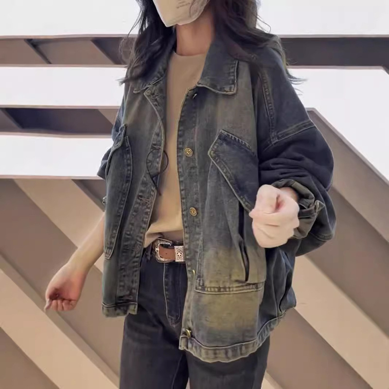 plus size Women's Denim Short Coat 2024 Autumn New Jacket Top Long Sleeve regular All-match Women's Loose