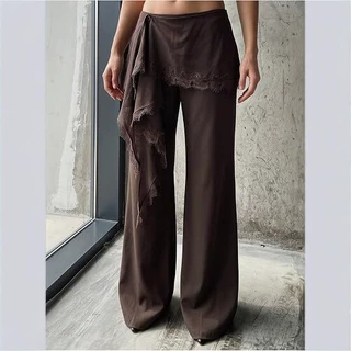 欧美跨境TK秋季新款长裤女潮流个性小众设计感不对称裹身裙阔腿裤