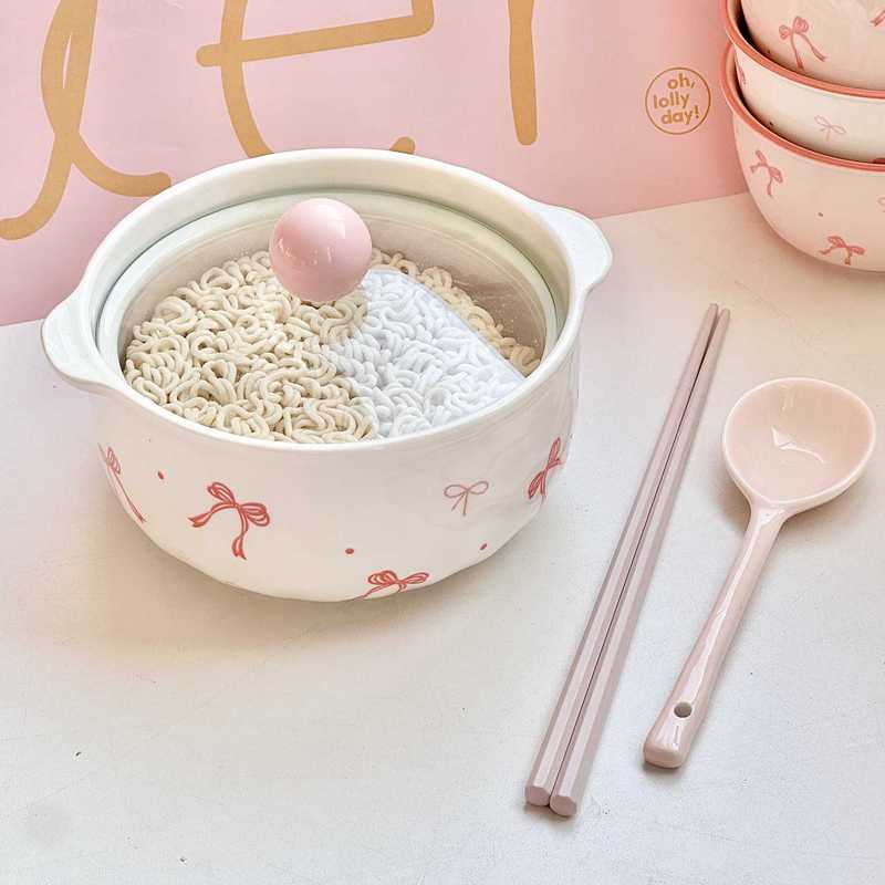 ピンクインスタイルリボンセラミック食器セットヌードルボウル家庭用ライスボウルプレート釉下色が女の子のハートに映えます|undefined