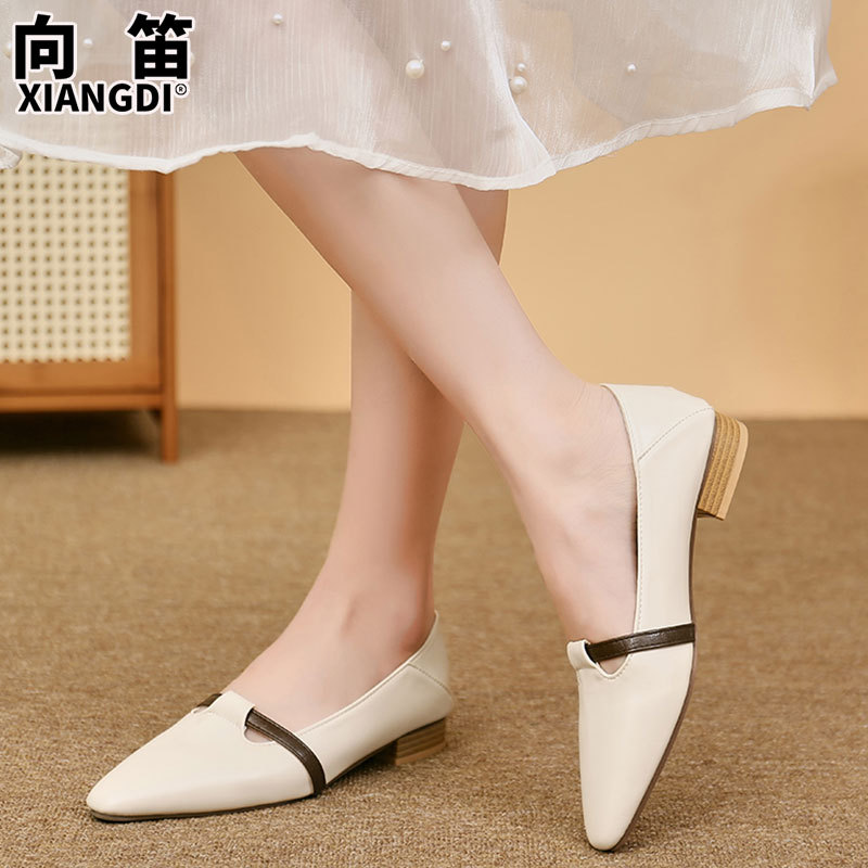 양가죽 버전의 부드러운 밑창으로 발이 피곤하지 않은 여성 구두, 뾰족한 굽이 두꺼운 로우힐, 스커트와 어울리는 2025년 신상품, 얕은 입구의 작은 가죽신