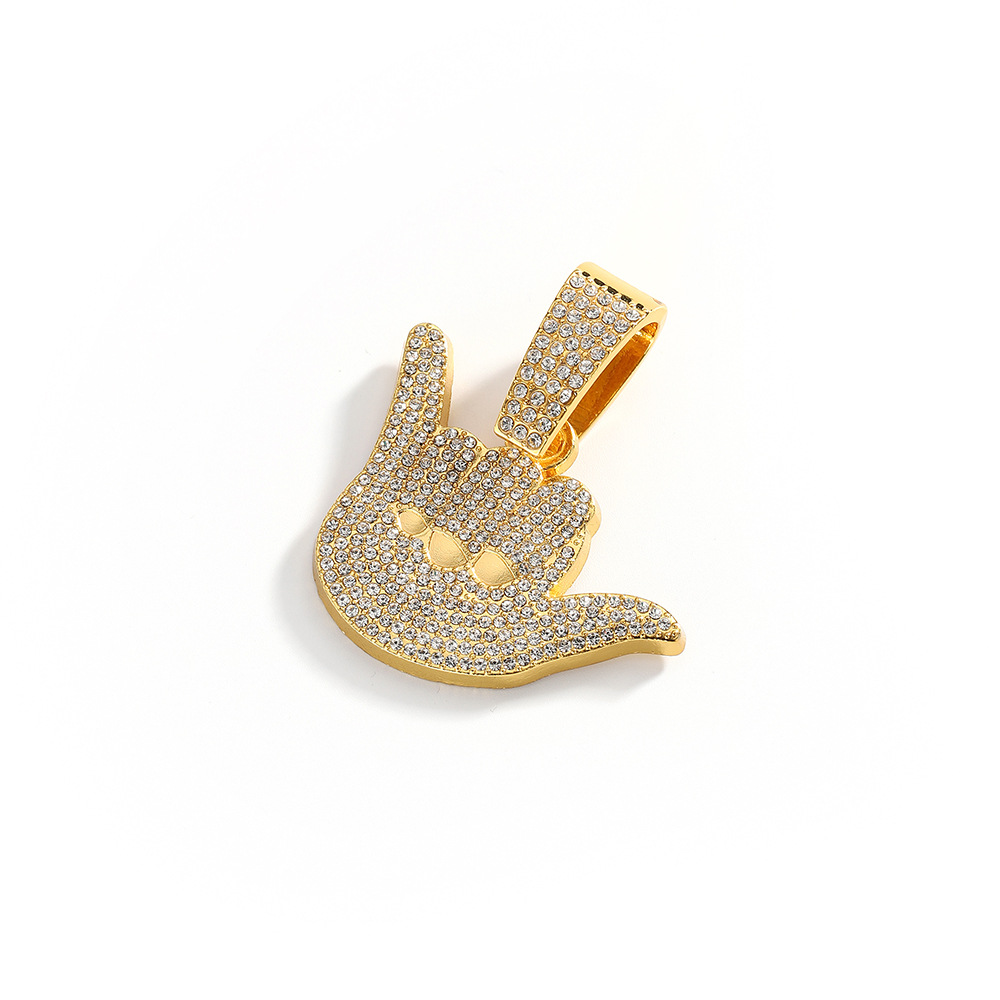 Collar con Colgante de Aleación con Diamantes Completos, Diseño de Gestos de la Suerte, Personalizado, Estilo Hip-Hop para Hombre, Cadena Cubana, Anillo de Dedo Texturizado
