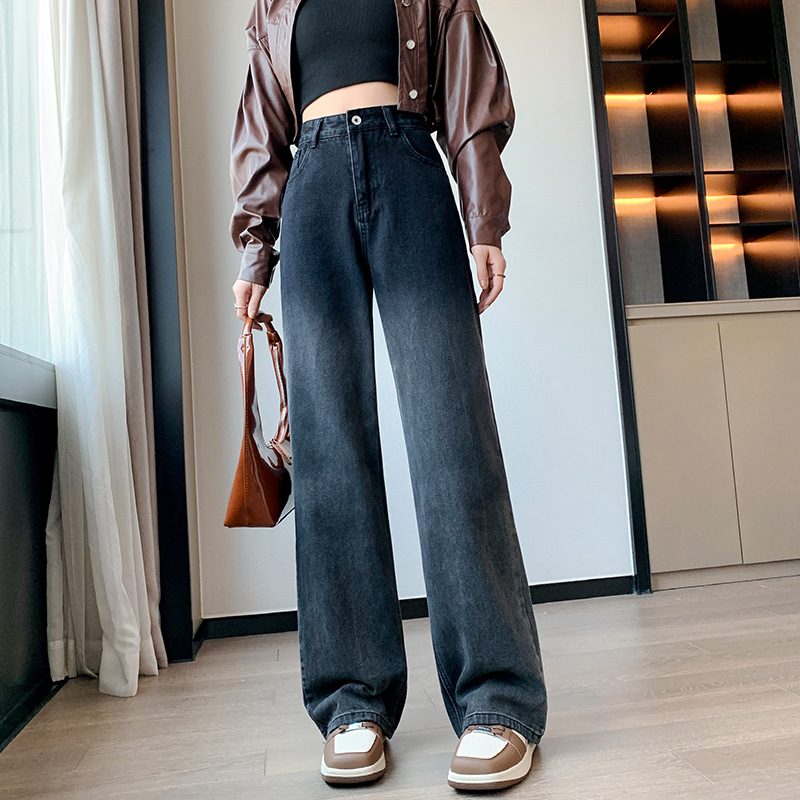 Plus-size gradient wide-leg jeans women's spring and fall lean high-waisted straight pants Fat sister draping mop pants