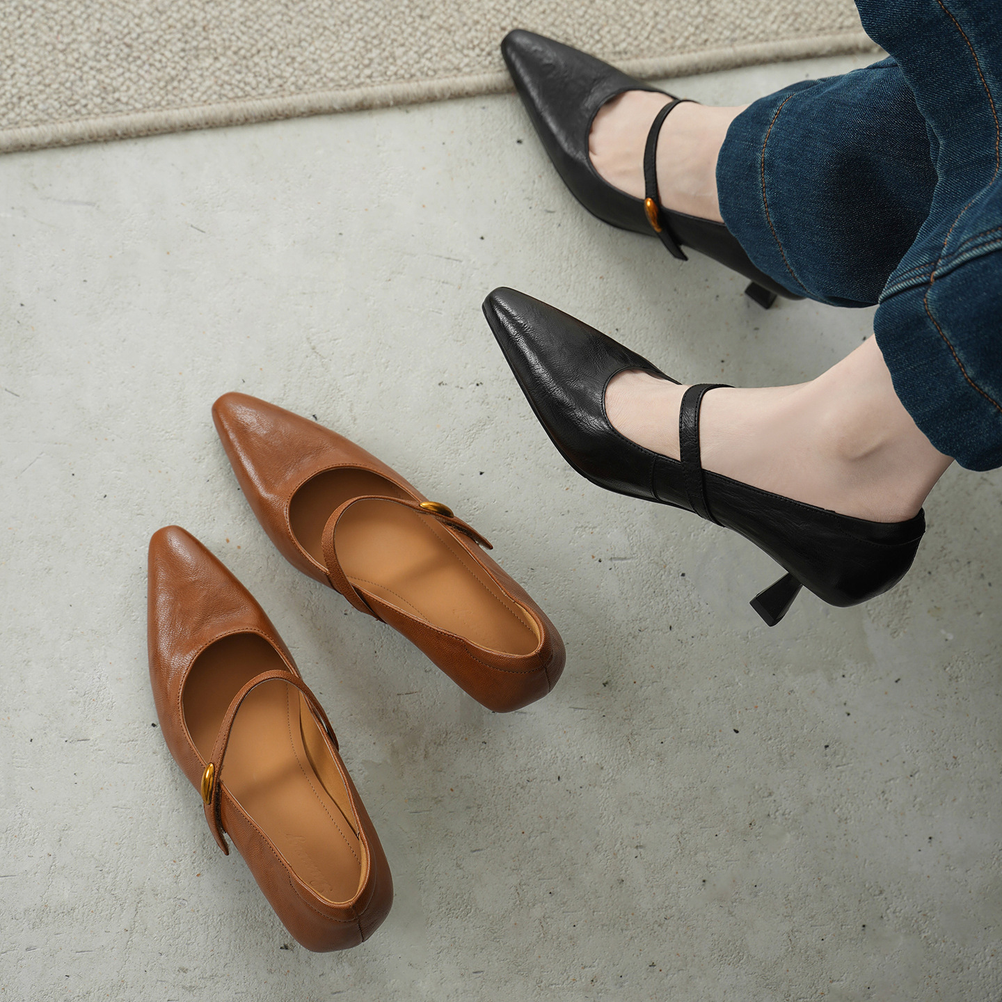 Giày Mary Jane cao gót nữ mũi vuông quai ngang gót nhọn 5.5 cm — màu nâu